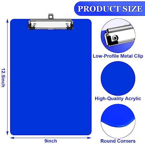 24 Pack Blue Plastic Clipboard with Flat Low Profile Clip Standard A4 Letter Size Acrylic Clipboard Bulk Classroom Back to School Supplies for Offices, School, Nurses, Students, 12.5 x 9 Inch