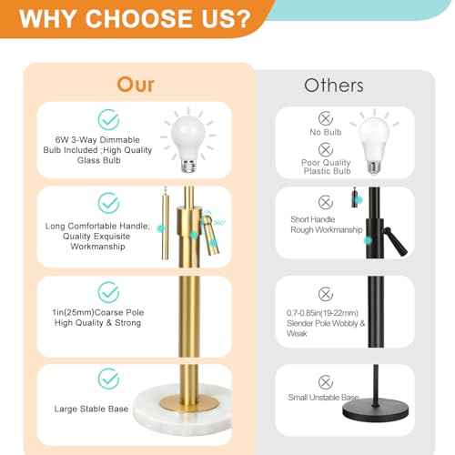 ¡¼Upgrade¡½ Gold Floor Lamps for Living Room, 55"-67" Height Adjustable Modern Standing Lamp with Marble Base, Pull Chain Switch, 3-Way Dimmable Tall Pole Lamp for Bedroom Office Reading, Bulb Included