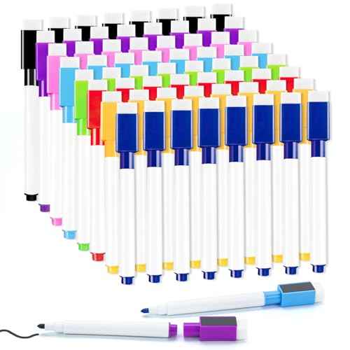 50 Pcs Colorful Magnetic Dry Erase Markers with Eraser Cap, White Board Mini Dry Erase Markers Bulk, Fine Point Tip Student White Board Markers for Teachers Office School Supplies