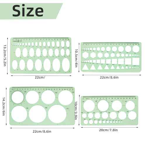4PCS Circle Template, Plastic Circle and Oval Measuring Templates, Formwork Drawings Templates (Clear Green)