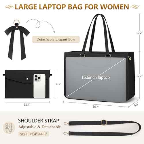 RAINSMORE Laptop Bag for Women 15.6 Inch Work Tote Bags Leather Laptop Tote Waterproof Computer Bag Professional Office Business Briefcase Large Handbag for College Teacher Travel, Black
