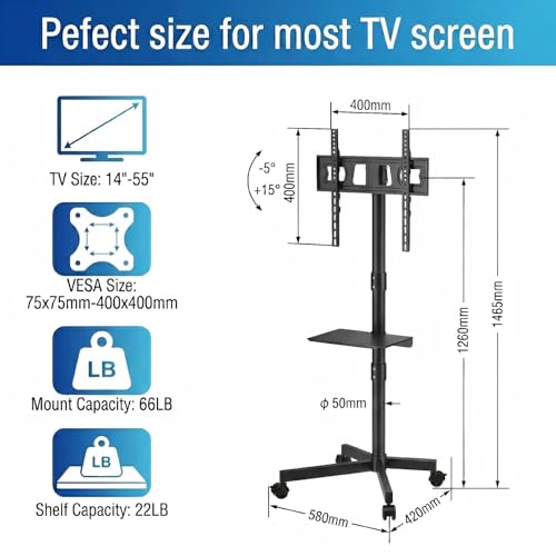 Rolling TV Stand for 14-55 inch TVs with Wheels, Height Tilt, 66 lb Max – TONOS