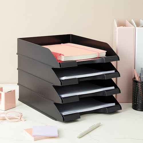 Stockroom Plus Letter Trays - 4-Pack, Black, 10 x 13.5 x 2.5 in - Stackable Paper Trays & Desktop File Organizer - Mail Organizer & Document Storage