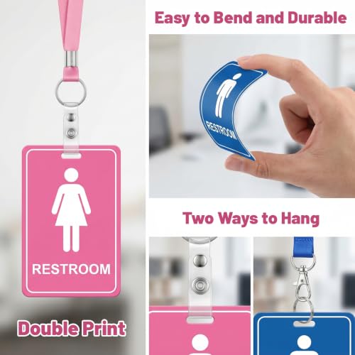 2-Pack Classroom Bathroom Passes with Keychain & Lanyard - Pink & Blue
