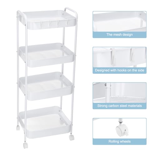 uxcell Slim Storage Cart, 4-Tier Narrow Utility Rolling Cart with Wheels Bathroom Cart Organizer Cabinet for Office Kitchen Bathroom Bedroom Storage, White