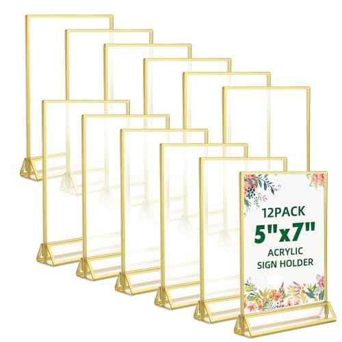TonGass 12-Pack 5x7 Standard Double-Sided Acrylic Wedding Table Numbers Picture Frames, Clear Sign Holders with 3mm Gold Border & Vertical Stand