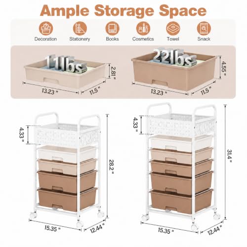 SYKIARIOL 4-Drawer Rolling Storage Cart with Pegboard Top, Brown