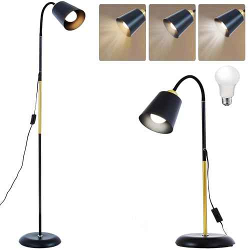 AoMck Floor Lamp, Industrial Metal Floor Lamps for Living Room with Adjustable Gooseneck Bendable 2 in 1 Reading Table Lamps for Living Room Bedroom Office (Black)