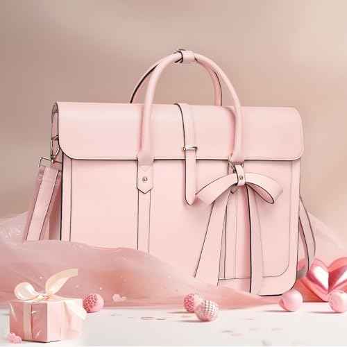 MOSISO Laptop Bag for Women, 15-15.6 inch PU Leather Laptop Shoulder Bags Convertible Backpack, 16 inch Messenger Bags Casual Handbag Work Briefcase Travel Computer Bag with Bowknot, Pink