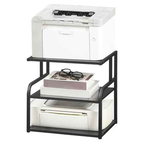 HOOBRO Printer Stand, 3-Tier Desktop Printer Table, Under Desk Printer Storage Office Organizer, Storage Rack with Adjustable Shelf, for Home Office, Kitchen, Living Room, Black BB06PS01