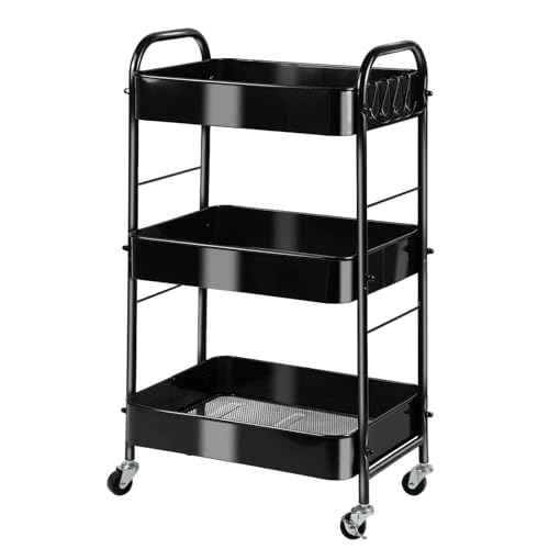 3-Tier Rolling Utility Cart with Stopper Caster Wheels and 4 Hooks, Easy Assembly, for Kitchen, Bathroom, Living Room, Office (Black)