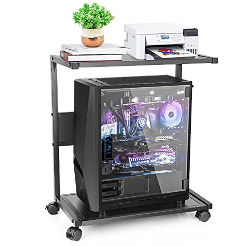PC Stand Computer Tower Stand 2-Tier Metal CPU Holder with Locking Caster Wheels Suitable for Most PC (Black, L)