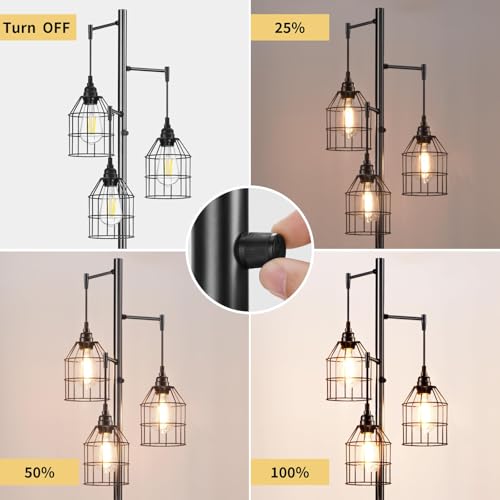 Sucolite 70" Dimmable Floor Lamp for Living Room, Industrial 3-Light Tree Floor Lamp Black with Cages, Farmhouse Rustic Tall Standing Lamp Floor Lighting for Bedroom Office, 3 Free LED Edison Bulbs