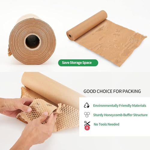 Honeycomb Packing Paper, 15"x300' Eco Friendly Packing Paper for Moving Recyclable Shipping Supplies Bubble Paper Wrapping Protective Roll, With 24 Fragile Sticker Labels