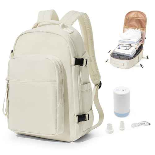 Vacuum Backpack With Pump,Travel Laptop Backpacks For Women Men,Airback Backpacks With Vacuum Compression Bags Seal Packing,Carry On Backpack, Personal Item Travel Bag Beige