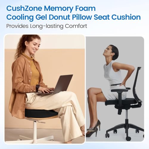 CushZone Black Large Donut Pillow Seat Cushion with Cooling Gel, Memory Foam, Non-Slip