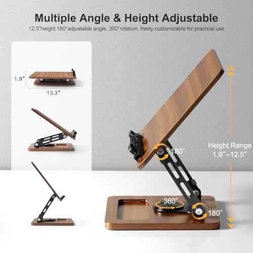 Book Stand for Reading, 360¡Æ Rotating Hands Free Book Holder, Adjustable Height and Angle, Page Clip for Cookbook, Recipe, Magazine, Laptop,Tablet, Foldable for Kitchen, Office, School