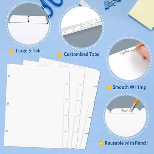 SUNEE Binder Dividers with Tabs for 3 Ring Binder, 8.5 x 11 Paper White Binder Dividers Blank with 5 Tabs, 20 Sets Page Dividers for School, Office and Home, 100 Dividers