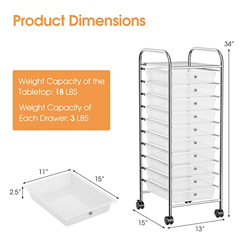 MEDIMALL 10-Drawer Rolling Storage Cart - Clear (Wheeled Craft & Office Organizer)