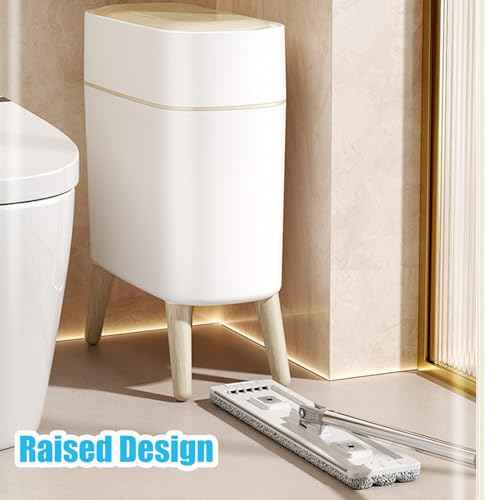 Yatmung Motion Sensor Bathroom Trash Can with Lid 2.5 Gal Smart Trash Bin - Waste Basket for Bedroom, Office, Living Room - Slim Bathroom Garbage Can Automatic Touchless - White with Wooden Legs