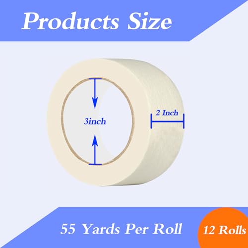 Lazybug studio Masking Tape 2 Inch Wide, 12 Pack White Masking Tape for General Purpose Use, 2 Inch x 55 Yards x 12 Rolls, 660 Yards in Total