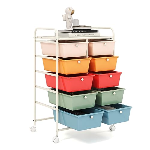 GOFLAME 10-Drawer Rolling Storage Cart, Macaron Color - 26 x 14.5 x 34 in, Locking Wheels
