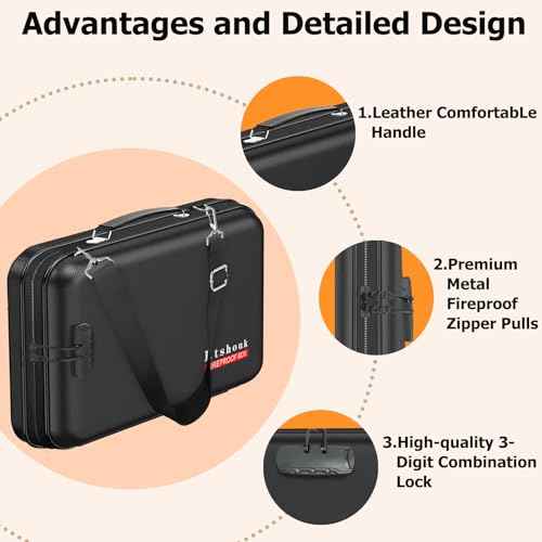 Fireproof Document Box with Lock & Shoulder Strap - Waterproof Hard-Shell File Organizer with Pocket Accordion File Folder, Portable Fireproof Box Safe Storage for Important Documents, Laptop