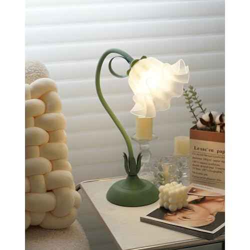 Vintage Flower Lily Table Lamp Creative Green Table Lamps Unique DIY Lily of The Valley Lamp for Bedroom, Bedside, Living Room, Flower Desk Lamp