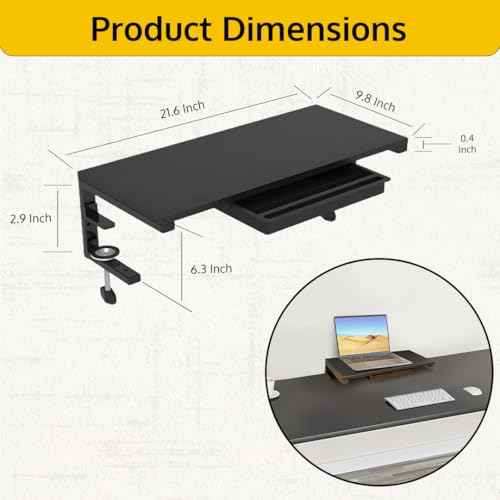 Ergonomic Clamp on Computer Monitor Laptop Riser Stand with Drawer, 21.6 x 9.8 inch - Black