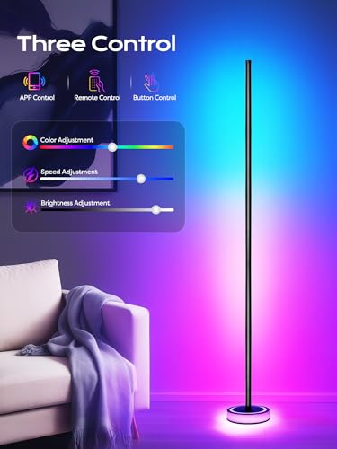 Black Smart RGBICW Floor Lamp with App Control, 16M Colors, Music Sync, Dimmable Ambient Light