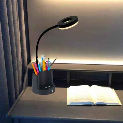 HomeFocus LED Desk Lamp, Eye-Caring Dimmable Reading Light with USB Charging Port & RGB Mood Light, Office Desk Lamp with Pen Holder for Home Office, Bedroom, Study (Black)