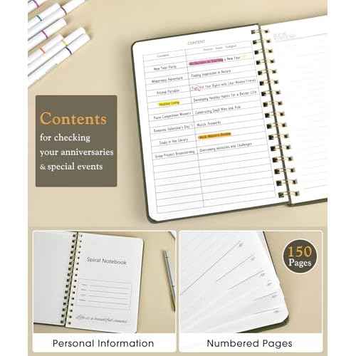 Lined Spiral Journal Notebook, A5 Hardcover Spiral Journals for Women Men, 150 Numbered Pages Spiral Bound Notebook, 100 GSM College Ruled Notebooks for Work, Note Taking 5.75" x 8.38", Olive Green