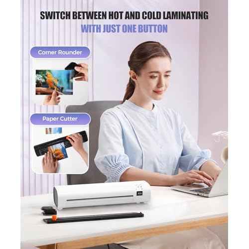 9-Inch 4-in-1 Thermal Laminator Machine with Never-Jam Tech, Includes 40 A4 Laminating Pouches, Trimmer & Corner Rounder for Office & Home Use - White