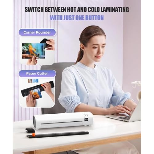 9 Inch Portable Laminator Machine with Anti-Jam Tech, All-in-One A4 Thermal Laminator w/Trimmer & Corner Rounder for Home, Office, School, Business, 40 Sheets Included£¨White£©