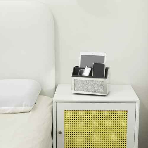 SWTHONY 360 Rotating TV Remote Control Holder Storage Caddy for Pad Phone Pen and Pencils, Makeup Brush, Silver Crushed Diamond Desk Organizer for Bedroom Livingroom