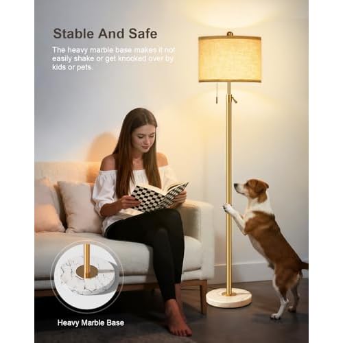 Modern Gold Floor Lamp for Living Room - Adjustable Height Standing Lamp with Marble Base & Linen Shade, 3-Way Dimmable Tall Floor Light for Bedroom, Reading, Bulb Included