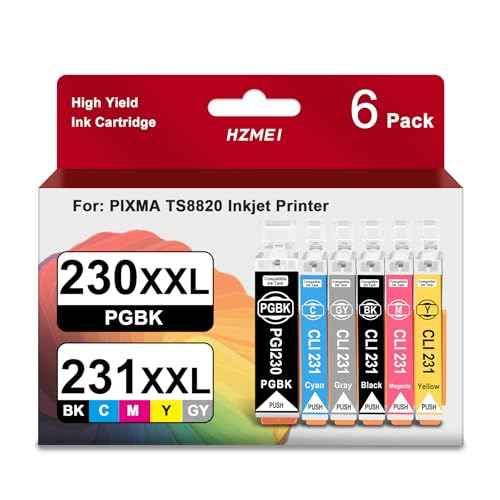 High Yield 230XXL 231XXL Ink Cartridge PGI-230 CLI-231 Ink Replacement for Canon 230 231 Ink Cartridge for PIXMA TS8820 Inkjet Printer(6Pack,PGBK/BK/C/M/Y/GY)