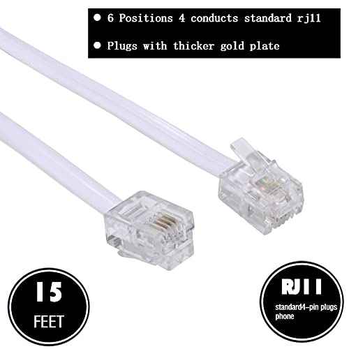 15 Feet Long Telephone Extension Cord Phone Cable Line Wire, with Standard RJ11 Plug and 1 in-Line Couplers and 15 Cable Clip Holders-White