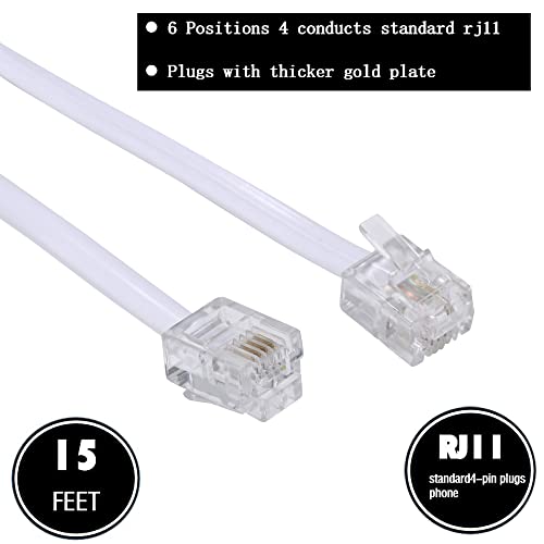 Ubramac 15 Feet White Telephone Extension Cord with RJ11 Plug & Couplers - Heavy Duty Phone Line Wire