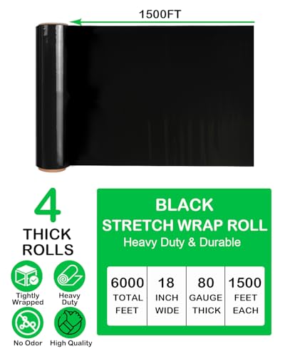 Black Stretch Wrap Roll, Heavy Duty 18in x 1500ft Shrink Film/Wrap, 4