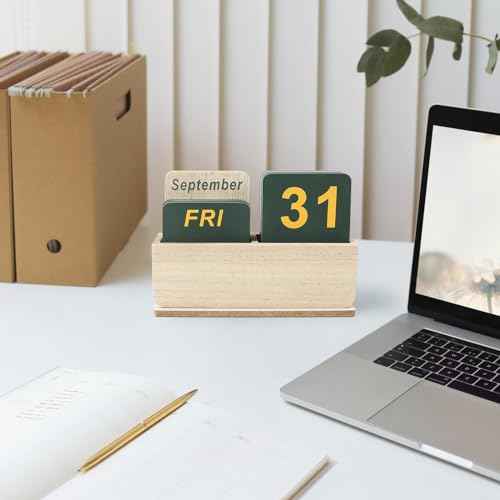 Wooden Block Perpetual Calendar for Desk, Daily Desktop Standing Flip Calendar with Large Display, Modern Farmhouse Aesthetic Desk Accessory for Home Office Decor, Reusable Yearly, Wood Grain