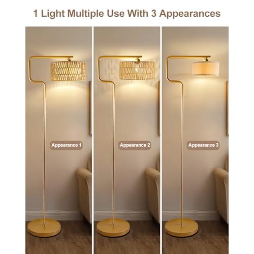 Lightdot 62IN Arc Rattan Floor Lamps for Living Room, Boho Standing Lamp with Rattan& Linen Double Lampshades, E26 3000K Soft Warm White Bohemian Caged Floor Lamp for Bedroom, Office-Gold