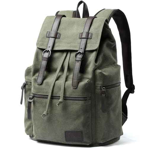 Vintage Canvas Backpack for Men Olive Green Rucksack Fit 15.6 inch Laptop Retro Flap Daypack for Casual Hiking Travel Commute