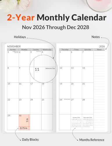 SUNEE 2-Year Pocket Calendar Planner November 2026 - December 2028, Small Floral Organizer for Travel & Daily Use