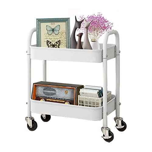 2 Tier All-Metal Rolling Cart, Rolling Storage Cart with Handle and Locking Wheels Kitchen Cart Laundry Office Bathroom Storage Organizer Cart, White