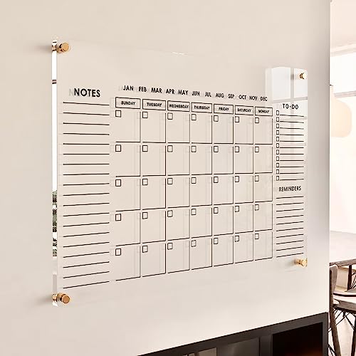 Large Oversize Crystal Clear Acrylic Wall Calendar Dry & Erase Board | 28" X 20" | Monthly Family Calendar Home Office Glass Calander Reusable Big Whiteboard | Free Pens & Eraser
