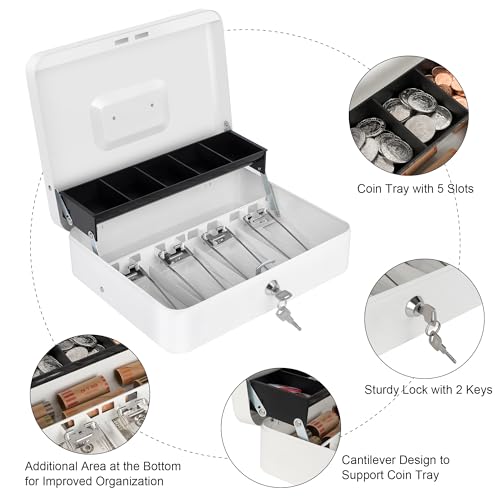 Sumerfnt Cash Box with Lock and Money Tray Money Box for Cash, Metal Lock Box for Money Cash Register - 11.8" x 9.4" x 3.54" White