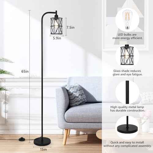 Black Floor Lamps for Living Room£¬Standing Lamp with Clear Glass Lampshade and Metal Frame£¬Industrial Tall Lamp for Bedroom£¬Modern Standing Floor Lamp for Office, Study Room Corner£¨LED Bulb Included£©
