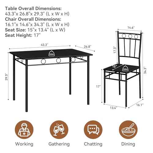Dining Table Set for 4, 5-Piece Kitchen Table and Chairs, Rectangular Dining Room Table Set with 4 Chairs, Space-Saving Kitchen Table Set for Small Space,Dinette,Apartment,Pure Black