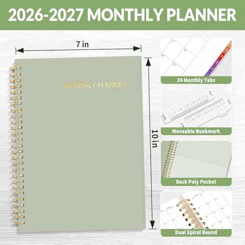 SUNEE 2026-2027 Planner - 24 Months (Jan 2026 - Dec 2027) - 7"x10" Monthly Spreads & Yearly Planner, Sage Green